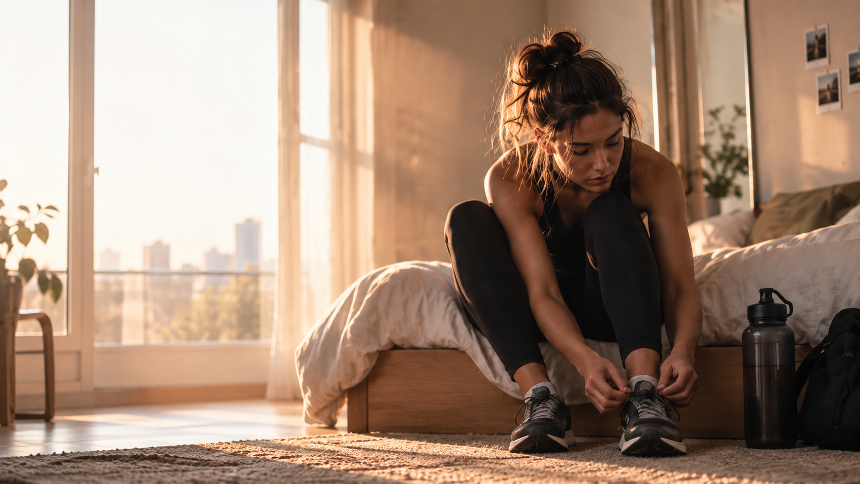 Woman sitting on the edge of a bed tying her running shoes before a workout