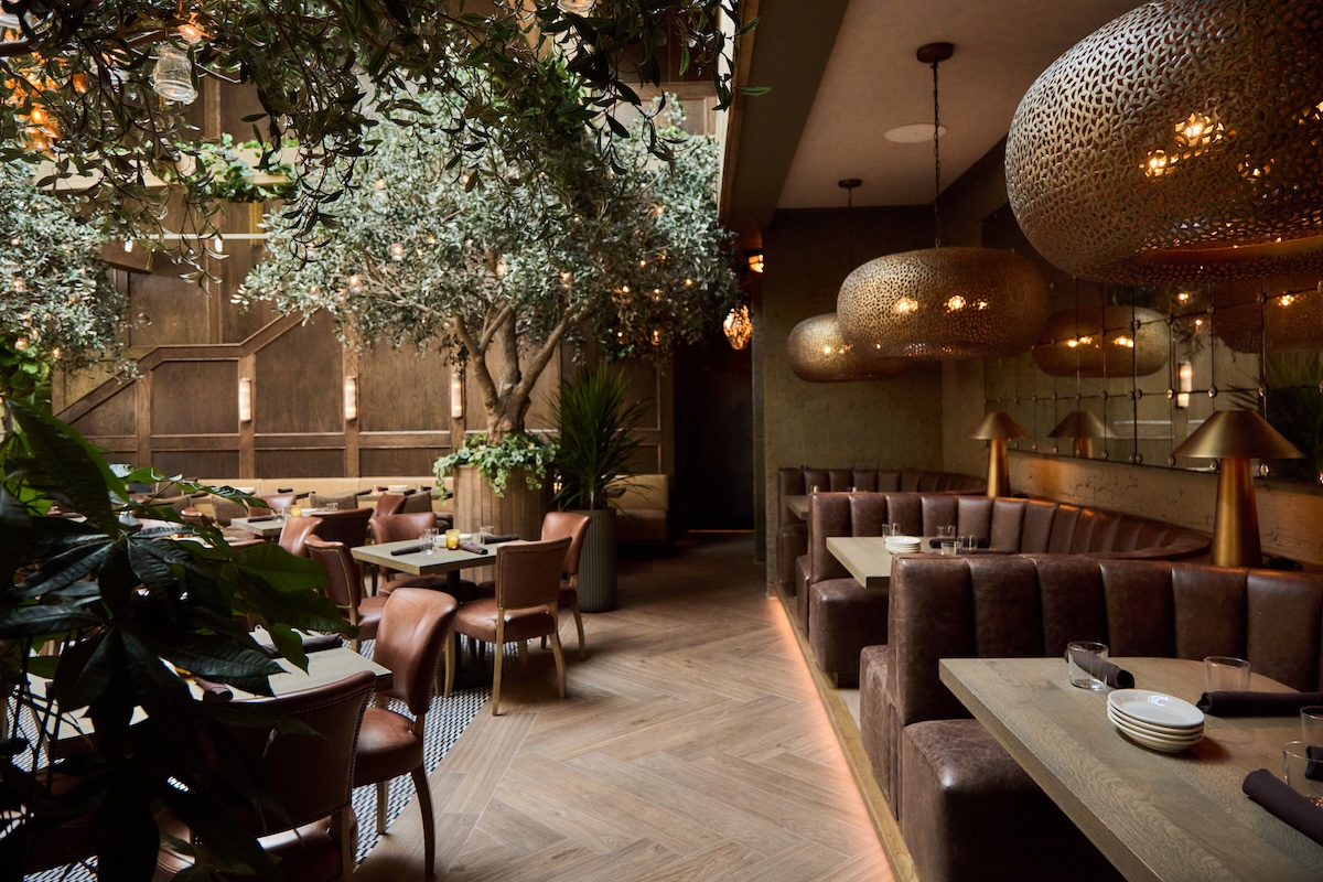 interior photo showing the booths and tables under the trees and greenery