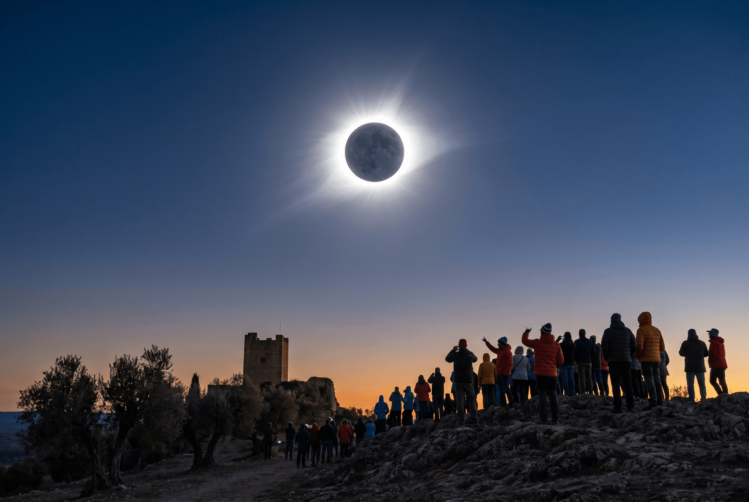 Eclipse solar total sobre España al atardecer con la corona solar y siluetas observando desde un alto