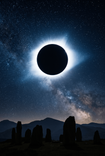 Eclipse solar total con la corona blanca alrededor del disco negro de la Luna en un cielo oscuro