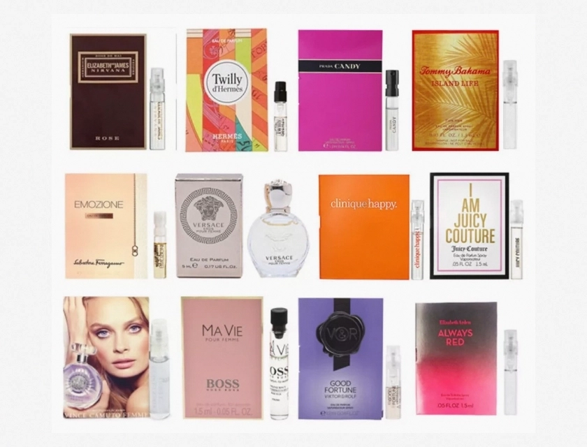 12 Women’s Perfume Sample Vial Set Includes Versace Eros Pour Femme and Velvet Bag