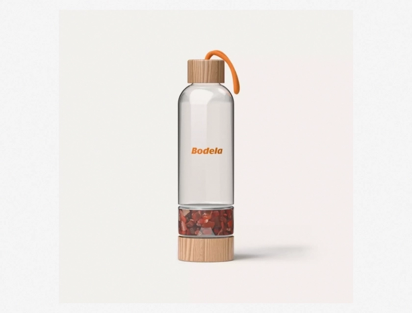 Bodela Red Agate Water Bottle – 100% Natural Gemstone, Reusable Glass Water Bottle with Leak-Proof Bamboo Lid, 17 oz