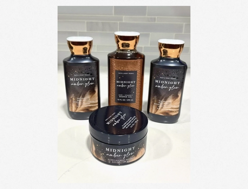 Bath and Body Works Midnight Amber Glow Set with Lotion, Glowtion, Body Butter, and Shower Gel