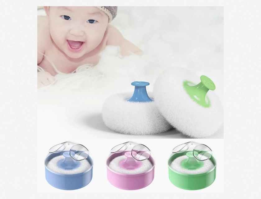 Portable Baby Care Soft Body Powder Puff with Plush Sponge and Talcum Container Case