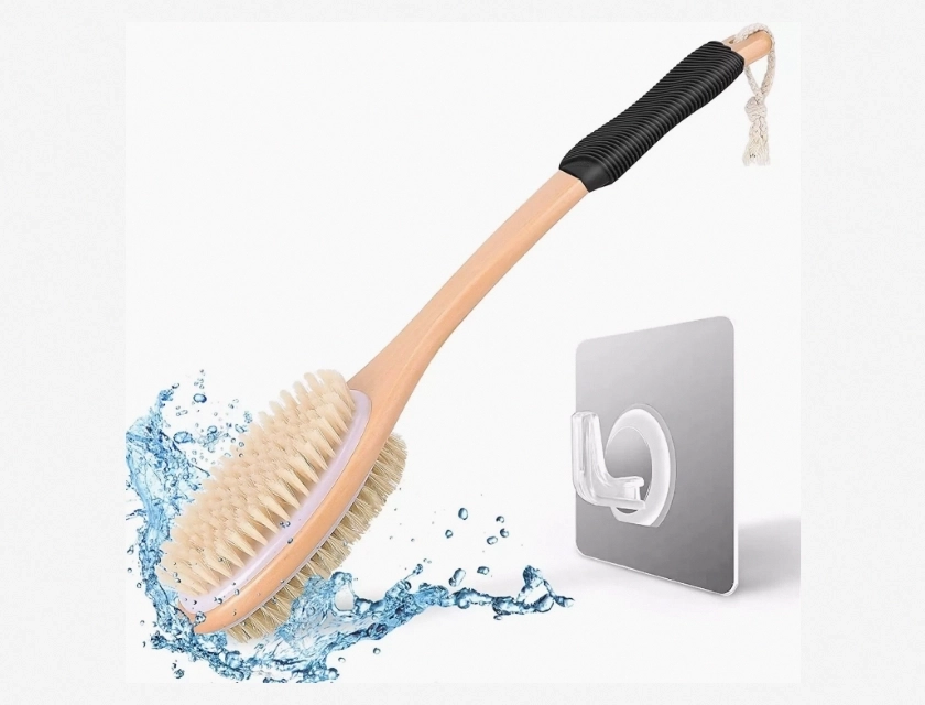 Ergonomic Back Scrubber for Shower, Long Handle Wet & Dry Brush – Black