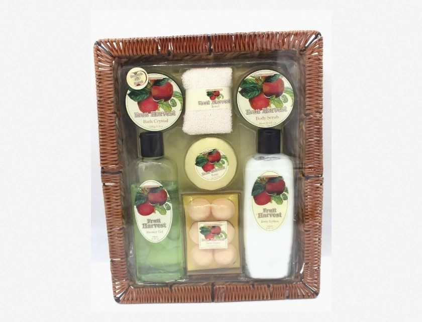 Fruit Harvest Bath Set in Rattan Basket with Nip, Bath Crystals, Soap, Towel and More