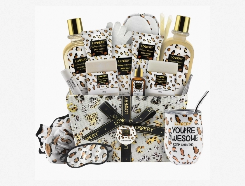 Luxury Bath Gift Basket – Home Spa Kit with Honey Almond Scent, Leopard Print, 21 Pieces