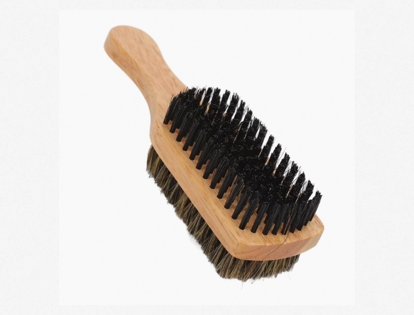 Double Sided Beard Brush with Rubber Wood Handle for Men, Natural Boar Bristle and Nylon Hair Brush for Styling, Detangling, and Grooming