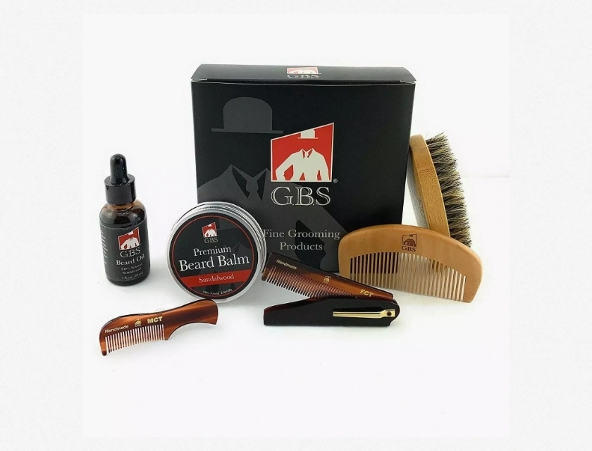 Beard Grooming Kit – Brush, Comb, Balm, Oil, Mustache Care with Folding Comb