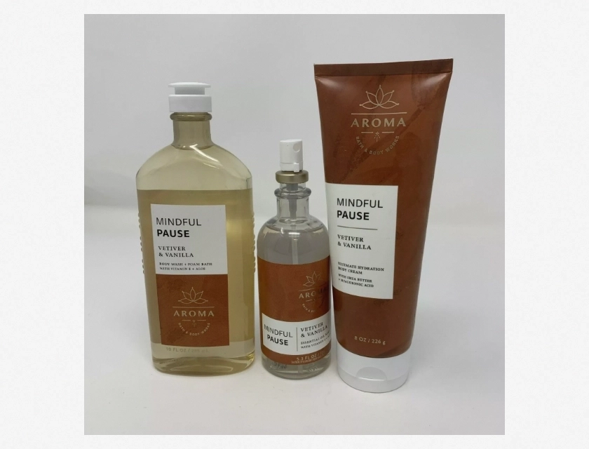 Bath & Body Works Aromatherapy Mindful Vetiver & Vanilla Essential Oil Mist Cream and Gel Set 3 Piece