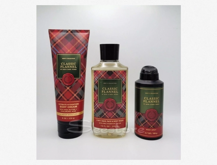 Bath & Body Works Classic Flannel Men’s Body Cream, Body Wash, and Spray Set, 3-Piece