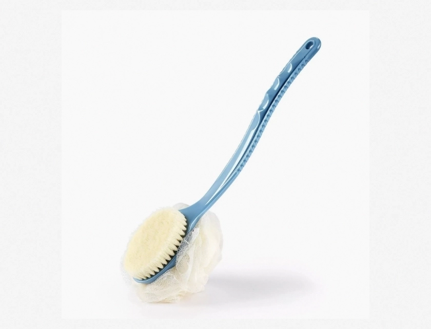 Shower Body Brush and Back Scrubber with Curved Long Handle, Bath Mesh Sponge for Exfoliating and Deep Cleansing