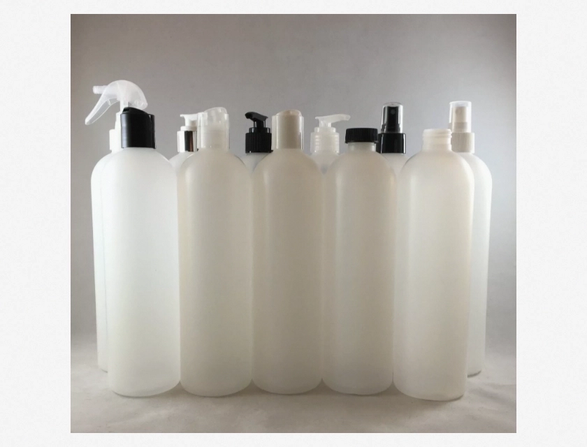 Natural HDPE Cosmo Round Plastic Bottle 16 Oz with Choice of Disc Spray or Cap