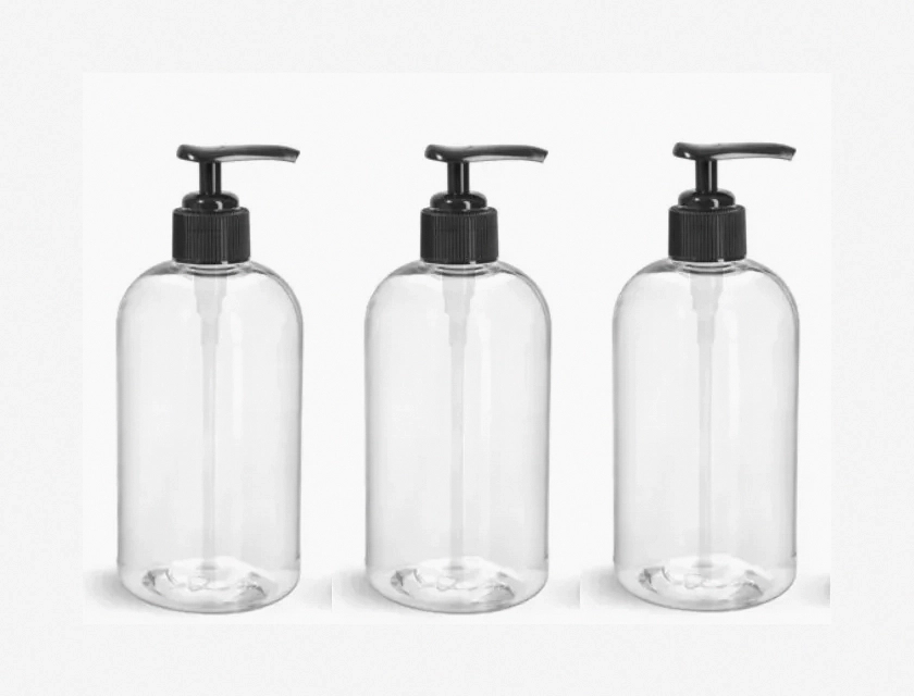 SKS Clear PET Boston Round Bottles 8 oz with Black Lotion Pumps 24-Pack