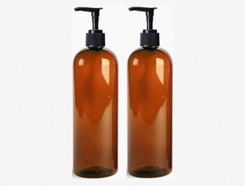 Mountainleaf Slim Plastic PET Bottles with Lotion Pumps, 16 oz, Black, 2-Pack