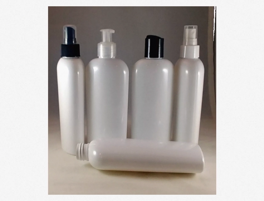 White PET Cosmo Oval Plastic Bottles with Pump Spray, Cap, and Lotion Dispenser, 8 Oz