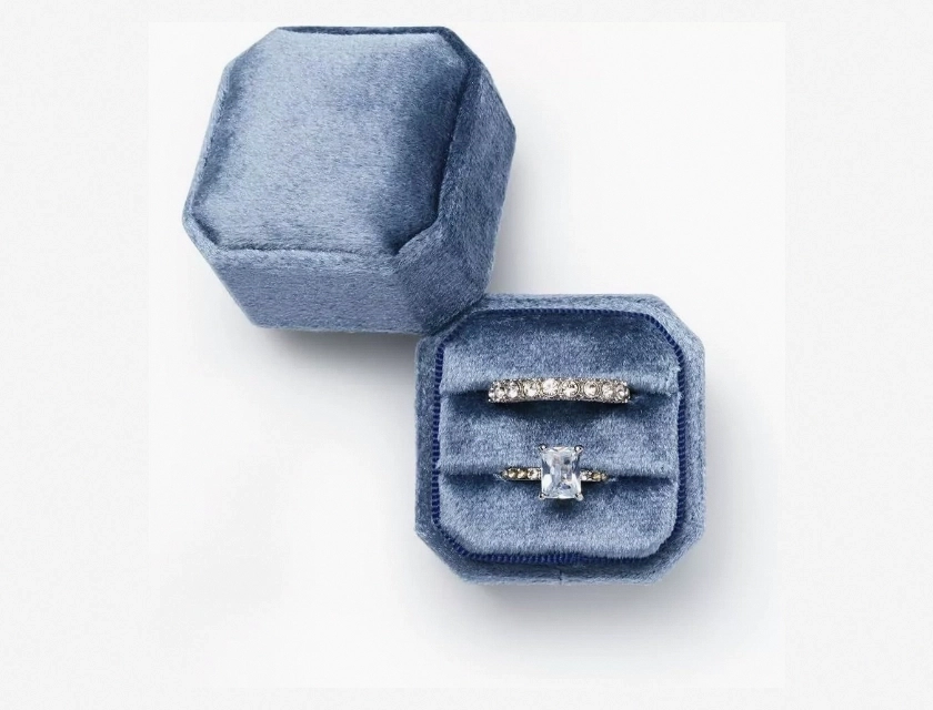 Velvet Ring Box Double Slots Pearl Blue Proposal Engagement Gift