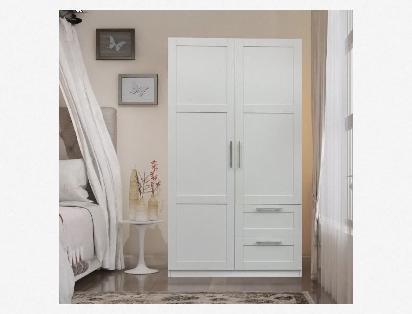 White 2 Door Wardrobe with 2 Drawers and 5 Storage Spaces, Kitchen Cabinet for Organized Storage
