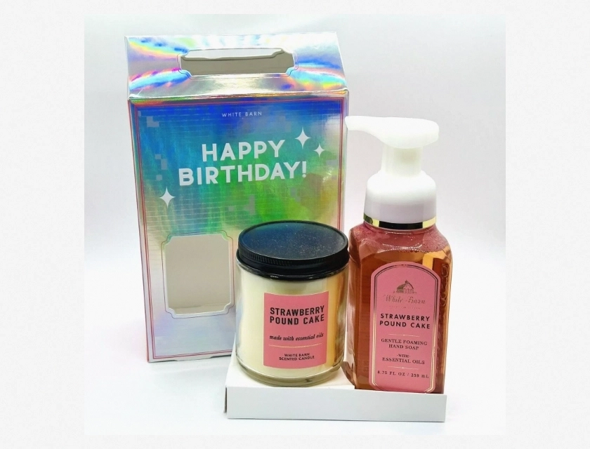 Bath & Body Works Gift Box: Strawberry Pound Cake Single Wick Candle and Foaming Soap Set