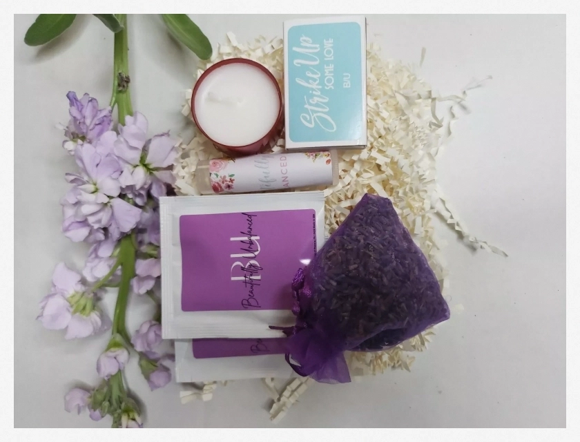Self Care Box with Lavender Bath Satchel, Candle, Tea, Matches, and Lip Balm