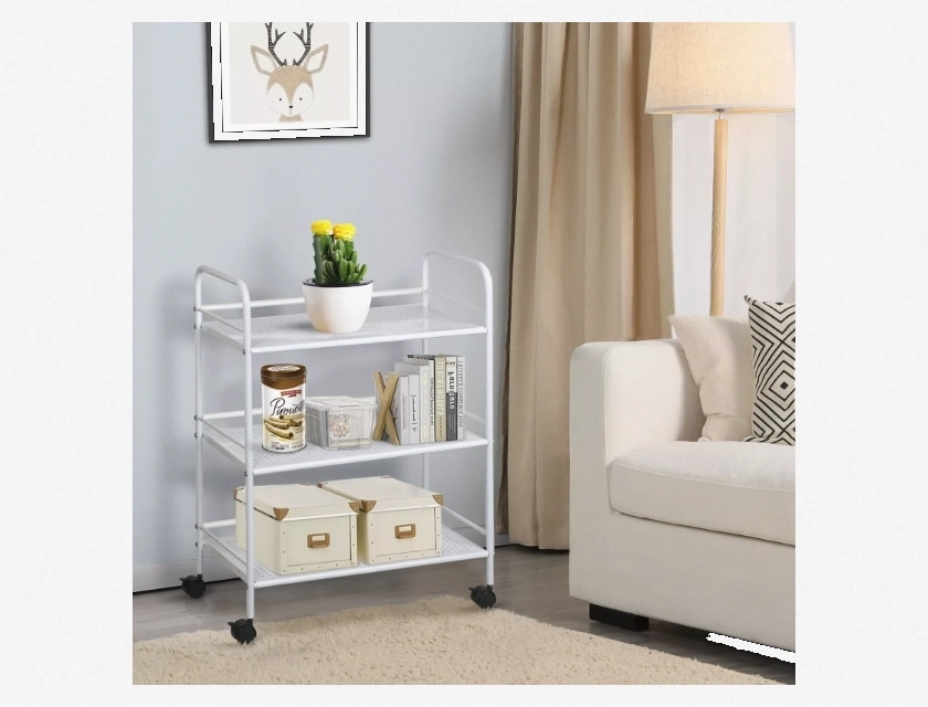 3-Tier Storage Trolley Cart with Mesh Shelves, Handle and Wheels for Office or Kitchen