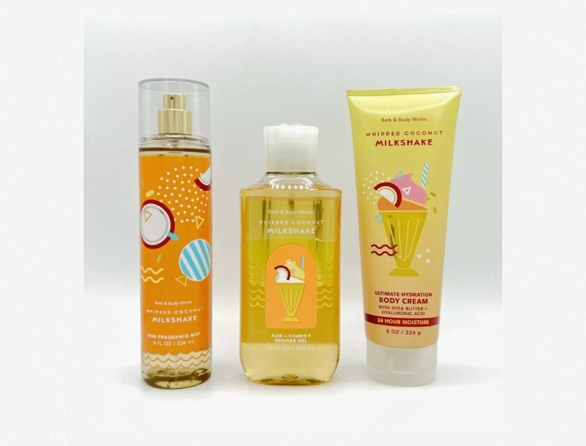 Bath and Body Works Whipped Coconut Milkshake Mist, Shower Gel, and Cream Bundle 3 Piece