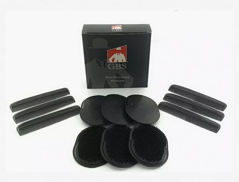 GBS 12-Piece Black Pocket Combs Set with Palm Brush, Coarse and Fine Teeth