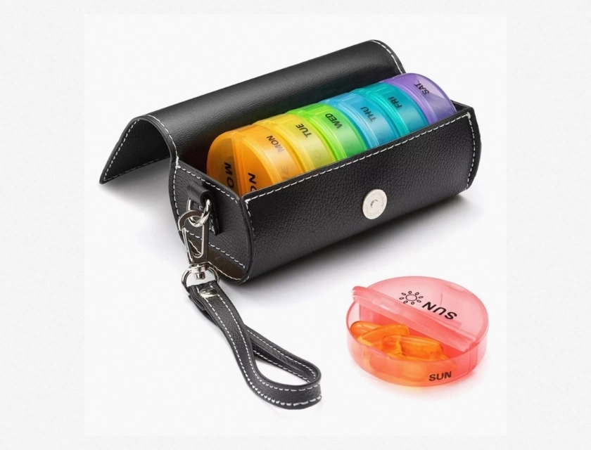 Portable 7-Day Pill Organizer, Leather, Color-Coded