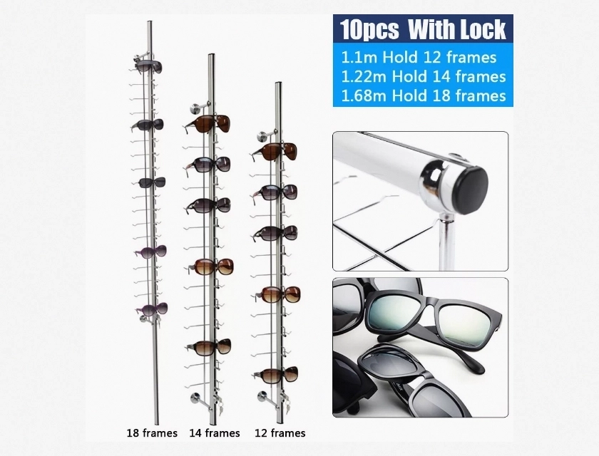Lockable Aluminum Eyeglass Display Rod for Sunglasses and Eyewear, 10 Pieces, Holds 12 14 or 18 Frames