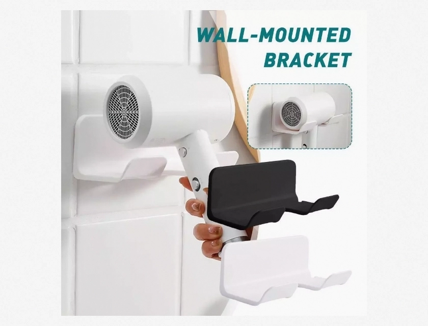 Wall-Mounted Hair Dryer Holder for Bathroom, Sturdy Storage Bracket, Easy Installation, Black