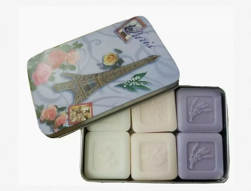 Le Blanc Eiffel Assorted Rose Fragranced Vegetable Guest Soap Tin from France – Pack of 6