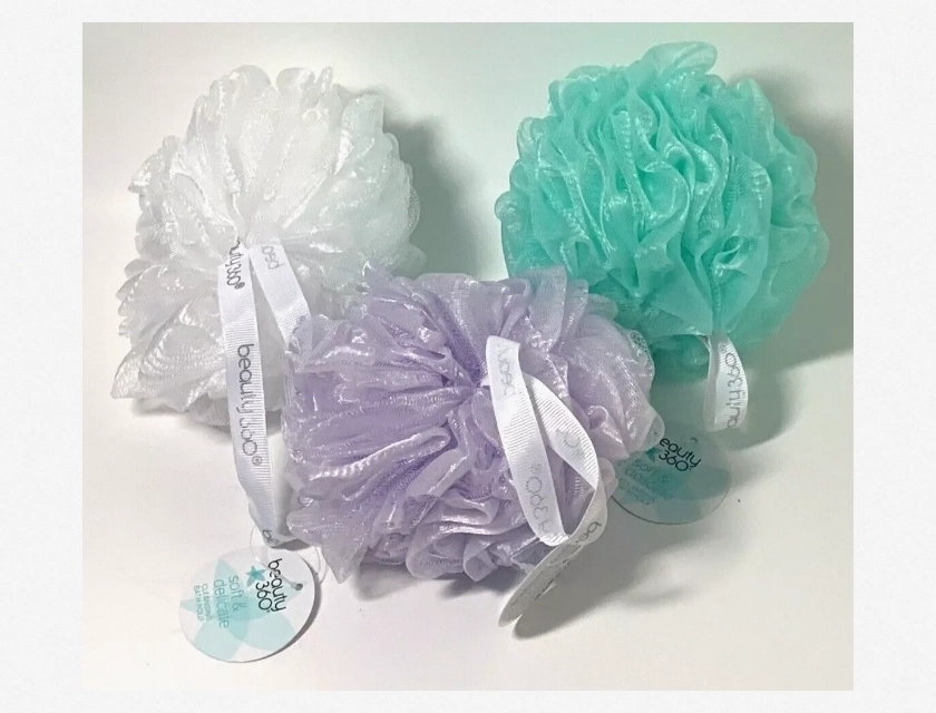 Beauty 360 Gentle Exfoliating Bath Pouf, 3-Pack in Lilac, Green, and White