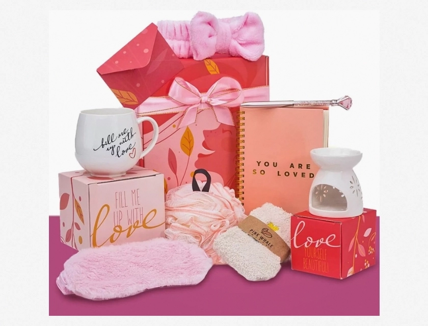 Valentine’s Day Spa Gift Box with Fuzzy Socks, Small Cup, Eye Mask, and Tea Light Holder