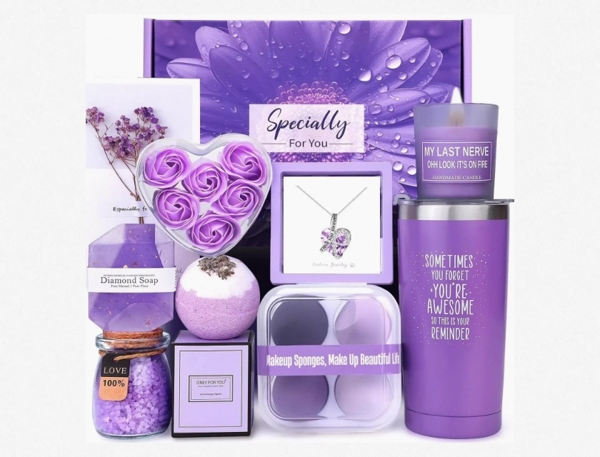 10-Piece Purple Birthday Basket Gifts for Women Lavender Relaxing Spa Gift Set