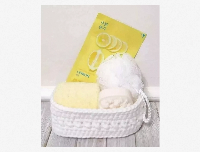 Handmade Crochet Basket Spa Gift Set with Lemon Soap and Essential Face Mask