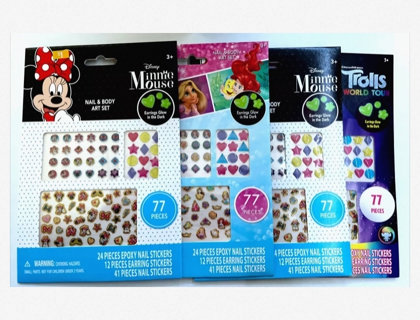 Disney Minnie Mouse Princess Trolls Glow-in-the-Dark Nail and Body Art Set for Kids, 4 Packs