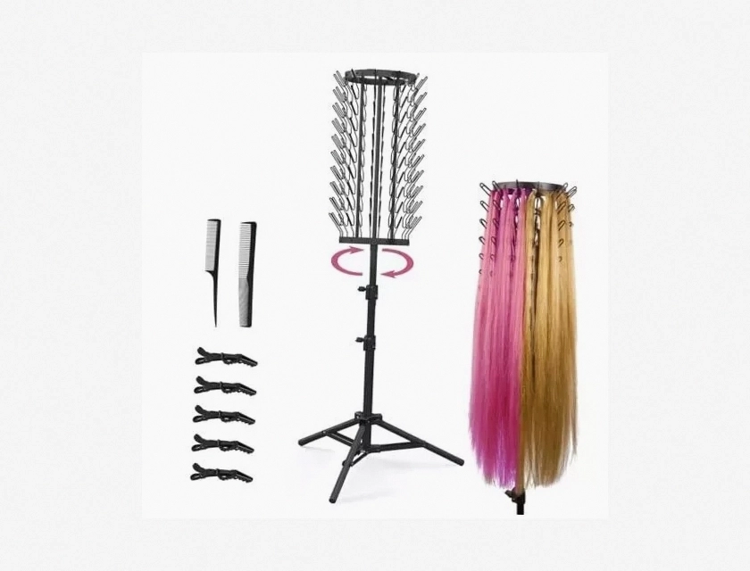 Height Adjustable Braiding Hair Rack, 360° Rotatable Hair Rack with 120 Hooks, Black