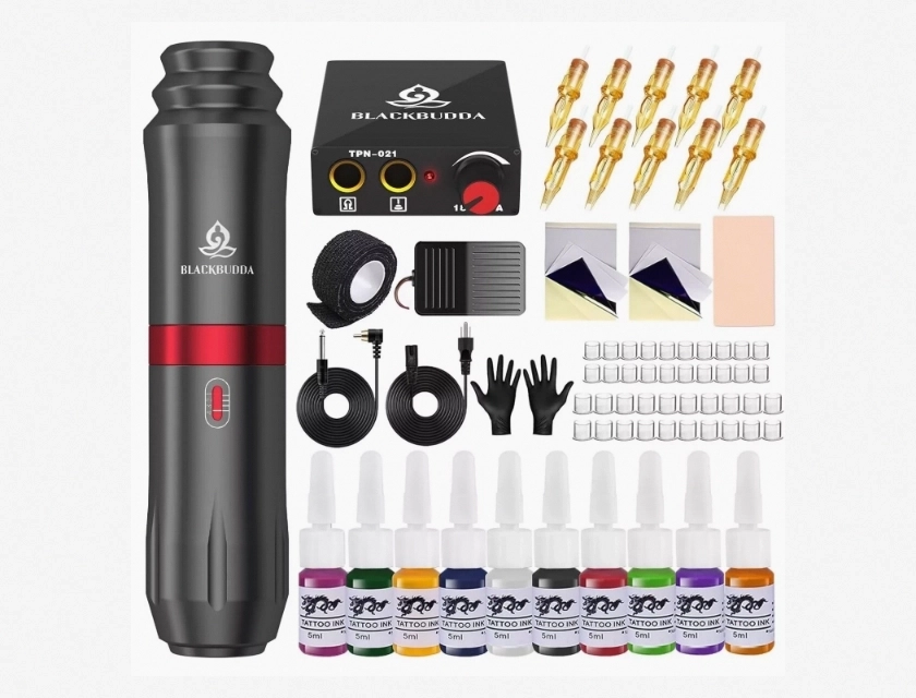 Blackbudda Rotary Tattoo Machine Kit for Beginners – Complete Tattoo Supplies with Power Supply, Cartridge Needles, and Practice Skin