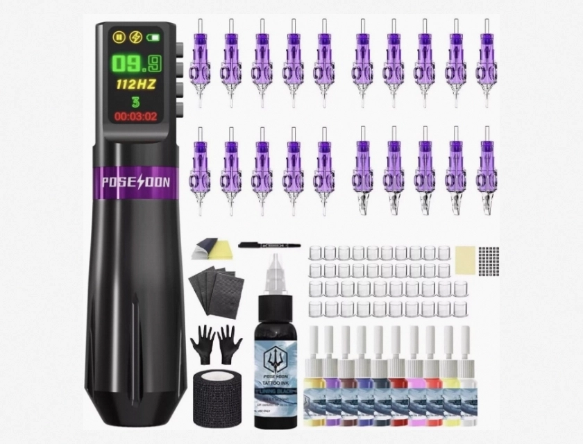 Rotary Tattoo Machine Pen Starter Kit with Power Supply and Practice Skin, Black Purple, for Beginners and Artists