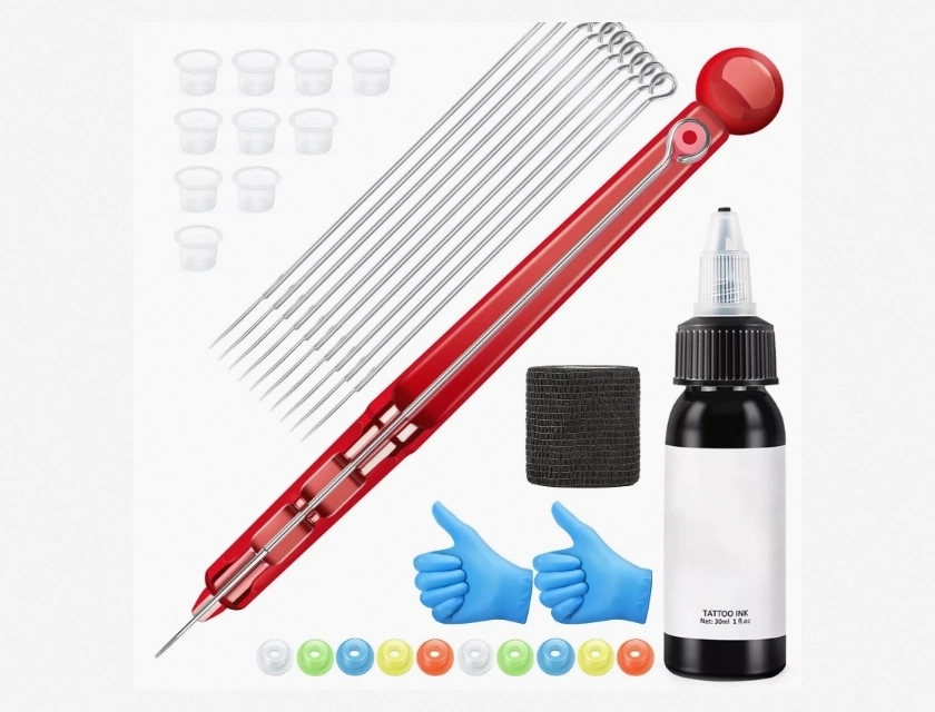 Hand Poke Tattoo Kit with Needle Holder, Ink Cups, Pigment, Gloves, and Bandages