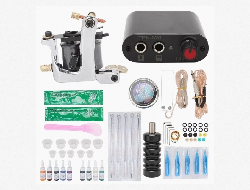 Coil Tattoo Machine Kit with Clip Cord, Foot Pedal, Power Supply, and Practice Ink