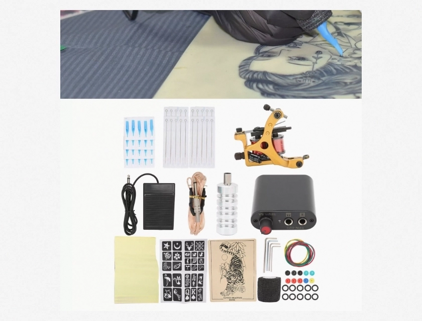 Professional Tattoo Kit with Power Supply, Practice Skin, and Elastic Band Set