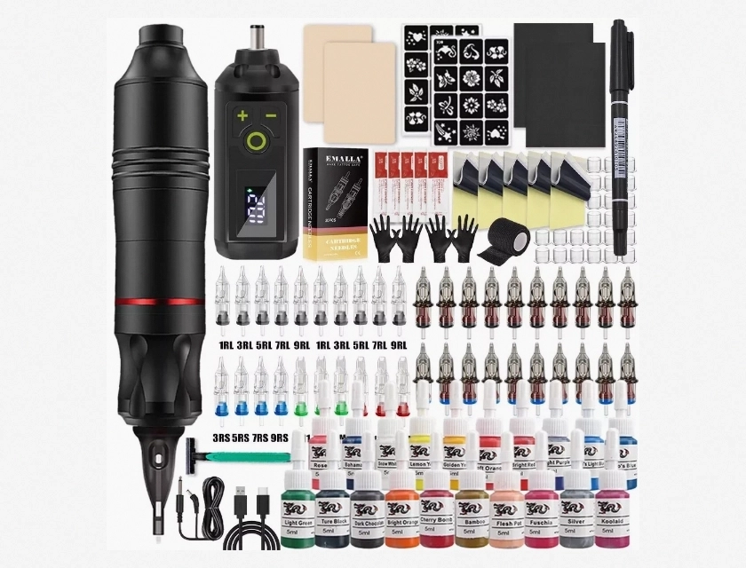 Wireless Rotary Tattoo Kit with Mini Power Supply, Battery, and Cartridge Needles