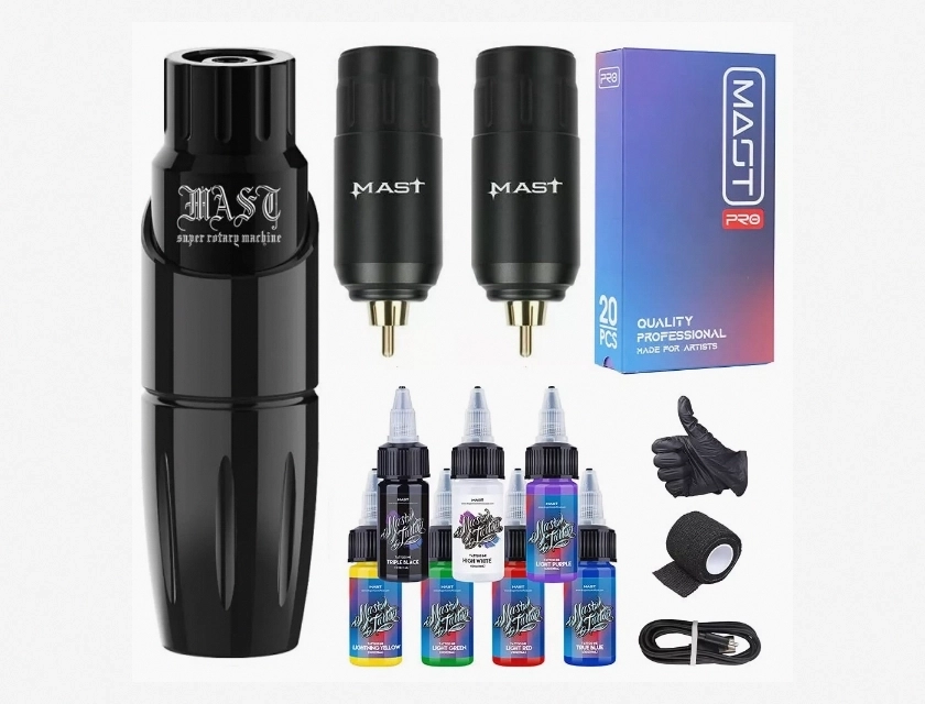 Mast Tour Wireless Rotary Tattoo Pen Machine Kit with 2 Batteries, Ink, and Needles