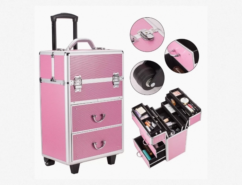 Rolling Makeup Train Case with Drawers, Professional Cosmetics Storage Organizer