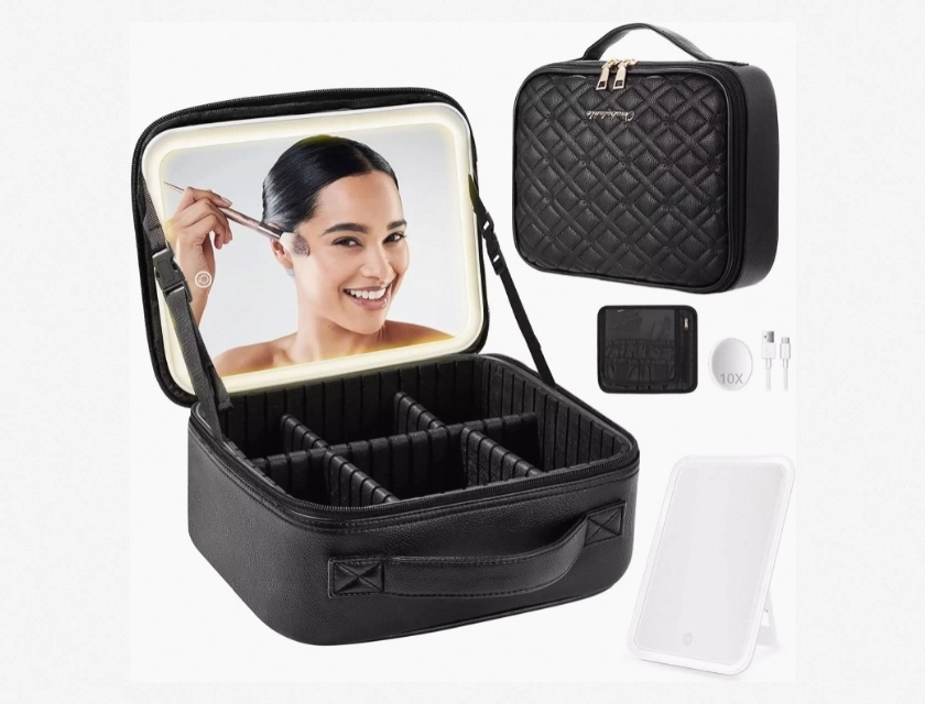 Makeup Bag with Lighted Mirror, Travel Makeup Train Case with Adjustable Compartments
