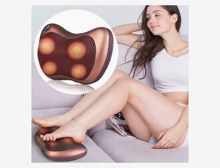 Portable 4-Head Massage Pillow with Car Charger and Cigarette Lighter Adapter