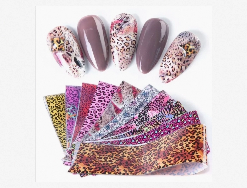 10 Nail Art Foils Butterfly Leopard Love Heart Transfer Wraps Stickers