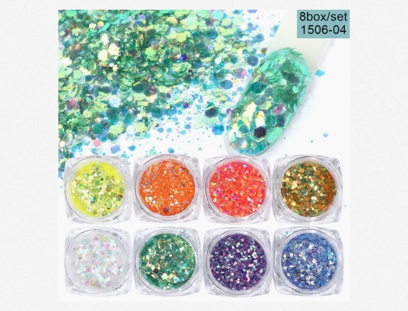 Mixed Glitter Nail Art Powder and Flakes Set 8 Boxes