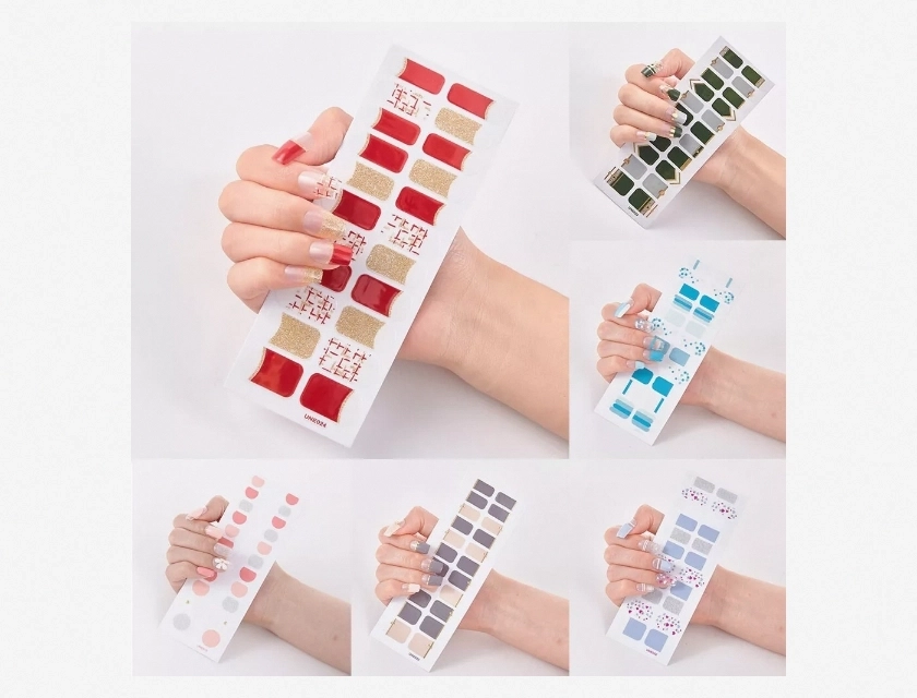 Self-Adhesive Full Cover Nail Stickers, Nail Tips Decorations, 24Pcs Press on Nails, Glitter French Style Fake Nails for Women, Long Lasting Manicure Art